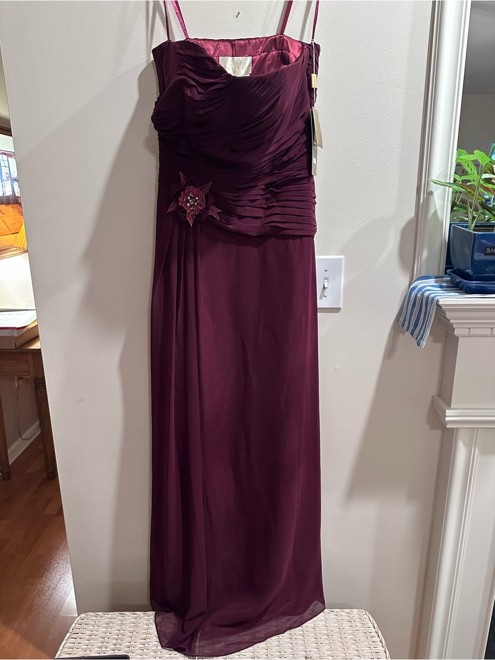 Aspeed Strapless Burgundy Evening Gown with Floral Applique